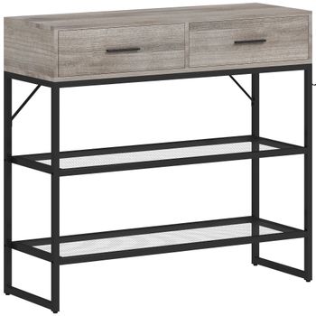 HOMCOM Consola de Entrada con 2 Cajones, 2 Estantes y Gancho Lateral, en Madera y Metal, 100x35x92 cm, Negro y Madera   Aosom España