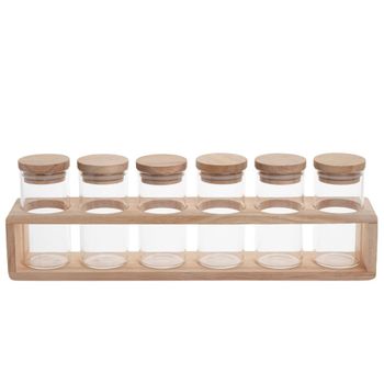 Especiero con 6 tarros de vidrio con soporte de madera de hevea