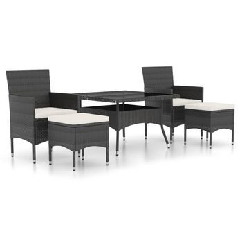 Set Comedor Jardín 5 Pzas Ratán Sintético Vidrio Templado Negro Vidaxl