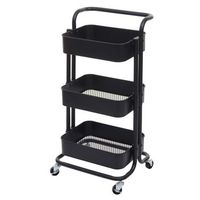 carro de servicio de barra de cocina con ruedas con asa y 3 cestas de almacenaje en acero negro 040002433