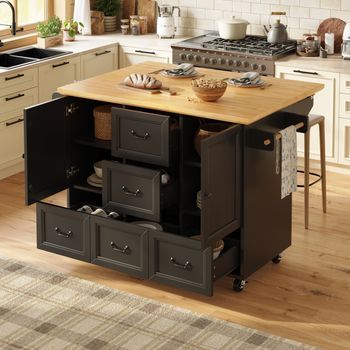 Isla De Cocina 120 X 73 (45) X 93 Cm Deslizante, 2 Puertas, 5 Cajones, Especias, Toallero, Blanco/negro