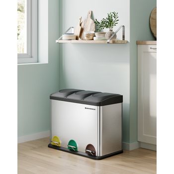 Cubo triple de 45 l con pedal de acero de color plata y negro