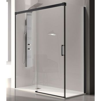 Frontal De Ducha + Puerta Corredera Glasé Perfil Negro Mate  155 Cm Sin Pared Lateral