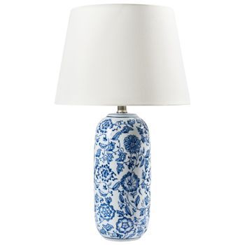 Lámpara De Mesa Elegante Con Base De Porcelana Con Patrón Floral Y Pantalla De Lino Claro Iluminación De La Sala De Estar Dormitorio Azul Y Blanco Aibonito