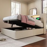 cama doble tapizada con iluminacion led y carga usb-c almacenamiento en lino 140x200 con somier de lamas