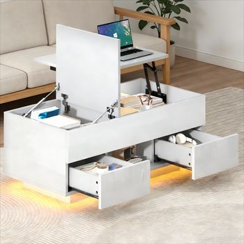 Mesa De Centro Elevable De 100 × 45 × 43 Cm, Blanca Brillante, Con Iluminación Led