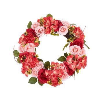 Corona De Puerta Roja Y Rosa Artificial Decorativa Hecha A Mano Redonda 50 Cm Decoración De Pared De Mesa Estilo Rústico Agulo
