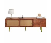 mueble tv 160x40x60 cm - estilo moderno con puertas correderas de ratan y cajones - nogal y ratan oscuro