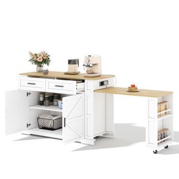 Isla De Cocina Con Encimera Extensible Y Carrito De Cocina Con Ruedas, Enchufes Integrados Y Cajones, 130x50x93cm, Madera Mdf, Isla De Cocina Blanca Y Roble