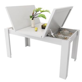Mesa De Comedor Rectangular De 120 X 70 Cm Con Espacio De Almacenamiento, Color Blanco