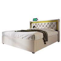 cama tapizada con iluminacion led - cama doble 140x200cm - con funcion de carga usb tipo c - beige
