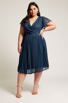 Yours London Vestido Plisado Azul Marino Con Escote Cruzado, Mujer Curvy Y Tallas Grandes, Yours London