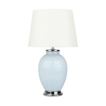 Lámpara De Mesa Base De Cerámica Azul Claro Pantalla Redonda De Poli Algodón Blanco Brenta