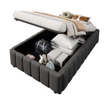 Cama Individual Tapizada 90x200cm Con Almacenamiento Hidráulico, Sin Cabecero En Gris