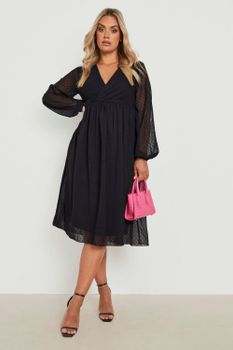 Vestido Plus Midi De Dobby Con Nudo Frontal, Negro