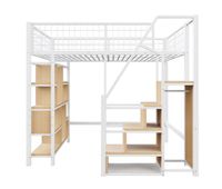 cama alta multifuncional 140 x 200 cm - con almacenamiento estantes y escalera - blanco