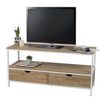 Mueble Para Tv Estilo Clásico Con 2 Cajones Colección Pueblo - Color Roble Claro Y Blanco, Dimensiones 120x39x57 Cm