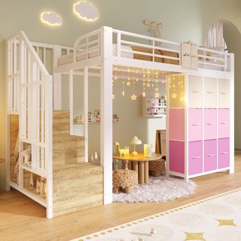 Sweiko Cama Alta 90x200 Cm Metal Con Cajones Barra De Ropa Barandilla Escalera Con Almacenamiento Sin Colchón Blanco