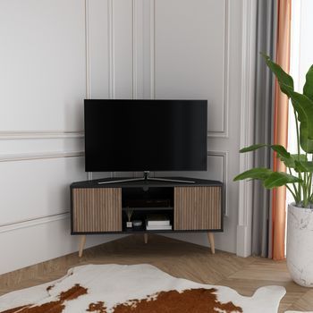 Mueble De Tv Esquinero Lesson De 120 Cm Con 2 Armarios Y Estantes Abiertos (negro Y Alina)