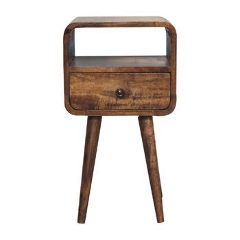 Mesita De Noche Abierta Curve, Mueble Artesanal De Madera Maciza, Mini Gris Lavado.