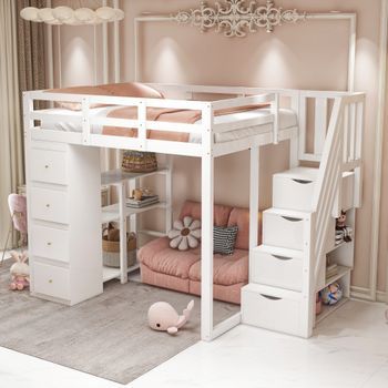 Cama Alta 140x200 Cm Blanca De Madera, Con Cajones, Estantes Y Escalera Lateral