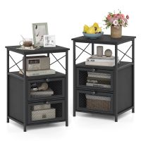 costway juego de 2 mesitas de noche con estructura metalica robusta espacios de almacenamiento practicos 40 x 35 x 61 cm para dormitorio negro
