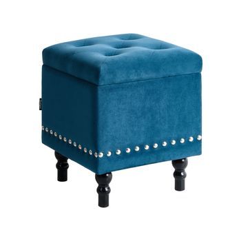 Puf Con Almacenaje De Terciopelo Azul Oscuro 37 X 37 Cm Tachuelas Botones Loretto