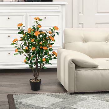Camelia Artificial De Imitación Con 37 Flores Amarillas Tronco Natural Con Maceta De Cemento Guijarros Para Decoración Hogar Tienda Oficina