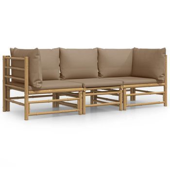 Set De Muebles De Jardín 3 Piezas Bambú Y Cojines Gris Taupe Vidaxl