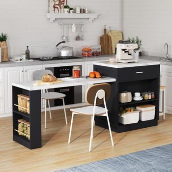 Isla Central Con Mesa Extensible - 131 Cm De Ancho - Tomas Usb - Mármol Blanco Y Negro