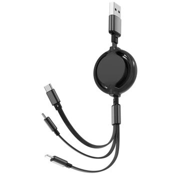 Cable USB retráctil 3A 3-en-1 de USB-A a iP/Micro/Type-C Carga rápida Núcleo de cobre Línea de 1M de largo para iPhone 1