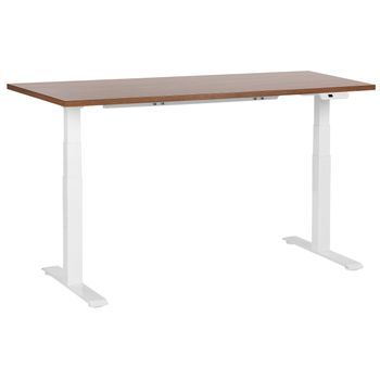 Escritorio De Altura Regulable Eléctrico Oficina Moderna Patas Cuadradas 160 X 72 Cm Tablero Madera Oscura Soporte De Acero Blanco Destines