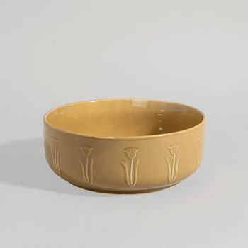 Ensaladera de cerámica amarilla con flores en relieve