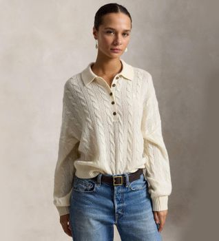 Polo Ralph Lauren para mujer. 211B17767007 Jersey tipo polo de lana y cachemira beige (M), Casual, Clásico