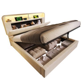Cama Doble Tapizada De 140x200cm Con Cabecero Hidráulico Con Espacio De Almacenamiento, Led, Usb C. Incluye Colchón.