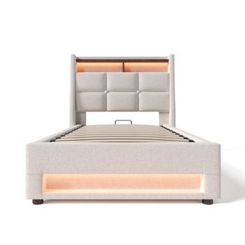 Cama Beige Claro 90 X 200 Cm Con Arcón, Led, Repisa Y Dos Puertos Usb, Sin Colchón