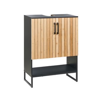Mueble Para Lavabo Con Estructura De Acero Y Bambú 2 Estantes Mueble De Baño Negro/marrón Claro Miscanti