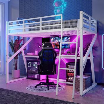 Cama Alta De 90 X 200 Cm Con Escritorio, Barandilla Y Escalera - Metal + Mdf - Led - Blanco (sin Colchón)