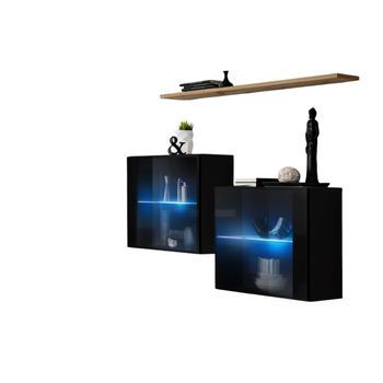 Conjunto De Sala Switch Sbiii En Negro Brillante, Con Puerta De Vidrio Y Led Integrado, Estante De Roble Wotan, Moderno