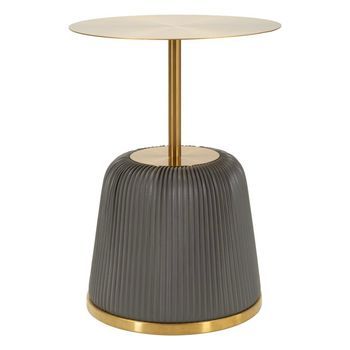 Mesita De Metal Dorado Y Polipiel Plisada Gris Ø 40×55