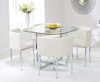 Algarve Glass Stowaway Dining Table with Cream High Back Stools - Cream, 4 Chairs
