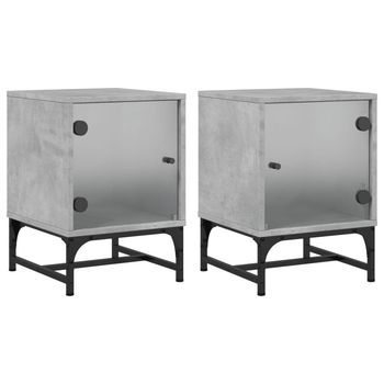 Pack 2 Uds Mesitas Noche | Mesa Auxiliar | Mesilla Puertas De Vidrio Gris Hormigón 35x37x50 Cm
