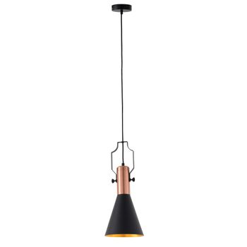Lámpara de techo de metal negro y cromado ámbar en el interior.