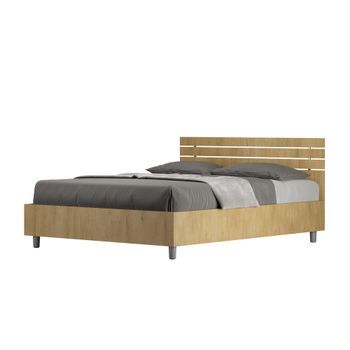 Cama Doble Con Almacenaje 140x190 Con Cabecera Recta De Listones Roble Natural Ankel