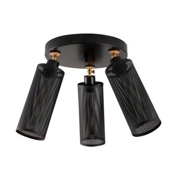 Plafón de techo negro 3 luces pantallas cilíndricas y base redondeada