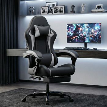 Silla Gaming Ergonómica Negra Y Blanca, Respaldo Reclinable Y Reposapiés Retráctil