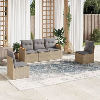 Conjunto De Sofás Jardín Con Cojines Beige Mezcla 5 Uds | Mueble Jardin Mesa Y Sillas Ratán Pe Cfw980746