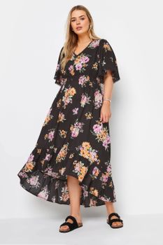 Yours Vestido Negro De Flores Con Discreta Cola, Mujer Curvy Y Tallas Grandes, Yours