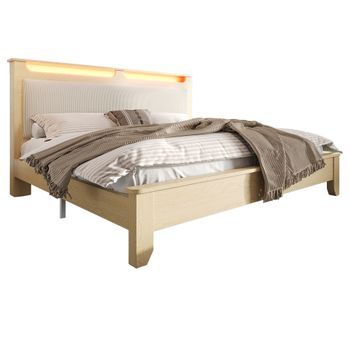 Cama Doble De Madera Con Iluminación Led - Cabecero Con Almacenaje - Roble - 140×200cm - Natural