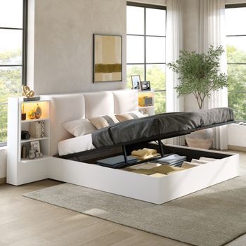 Cama Blanca 180 X 200 Cm Con Arcón Hidráulico, Cabecero Acolchado Y Luces Led